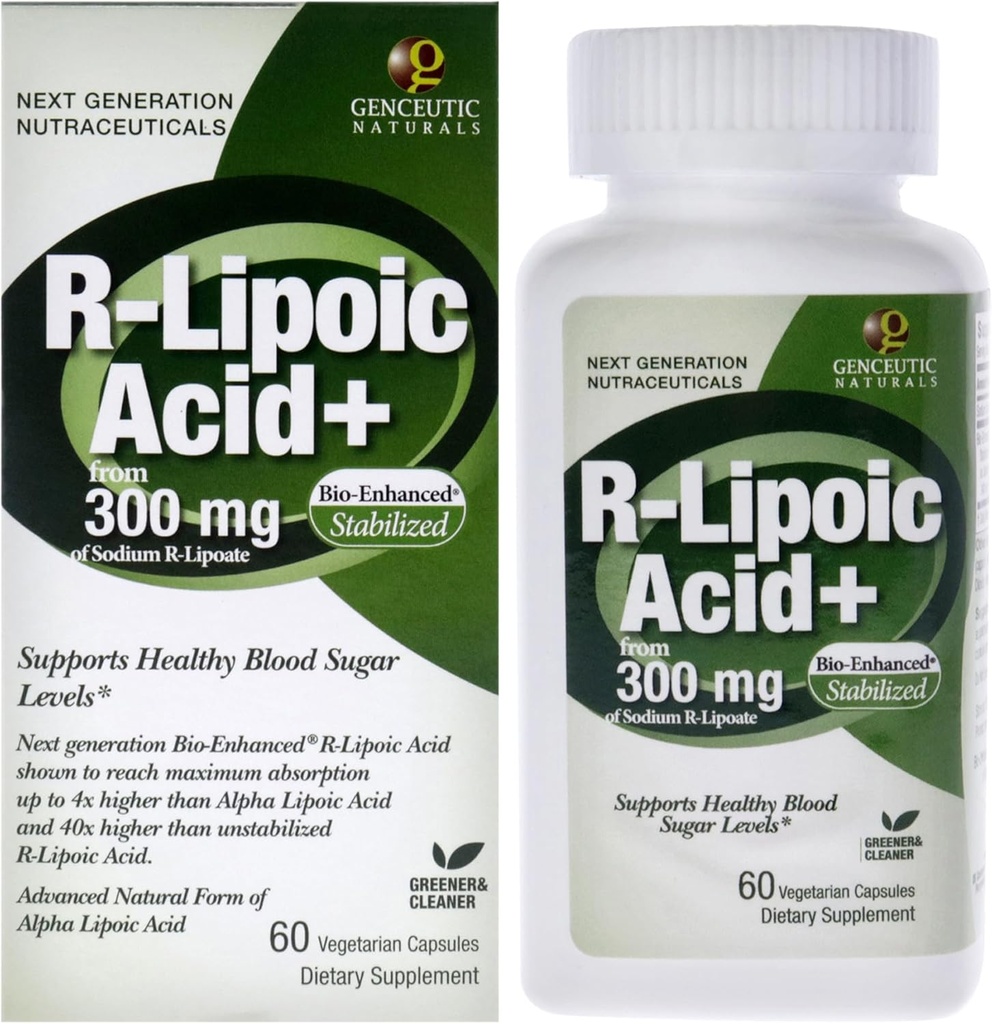 Genceutic Naturals R-Lipoic Acid Diyetary Supplement | Vegetarian | Vegan | Gluten Free | Non GMO | 300 mg (60 Capsules) | Single Count Count Count