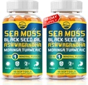 Nature's live Organic Sea Moss Softgels with Black Seed Oil, Ashwagandha, Bladderwrack, Ginger, Burdock Root, Manuka Honey, Cinnamon for Immune System, Skin, Energy, 90 Softgels, 2 Pack