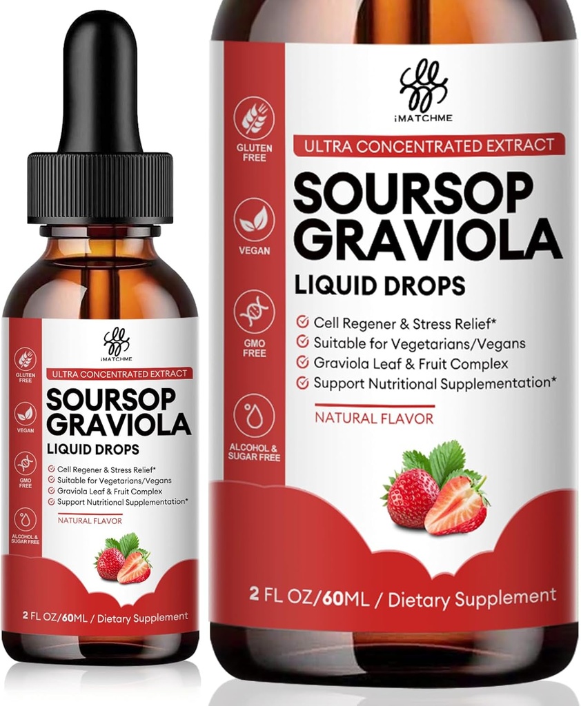 iMATCHME Soursop Graviola Liquid Drop, Soursop Bitters Liquid, Natural Soursop Leaves & Fruit Complex για τη συνολική ευεξία, Ζάχαρη / καφεΐνη / Gluten Free, Φράουλα Γεύση, 2 Fl Oz