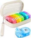 Cute Pill Organizer 2 Times a Day, PU Deri Pill Case for Women, Portable Weekly Pill Box for Purse with Storage Bag to Hold Vitamins, Drugs, Fish Oils, Supplements (Beige)