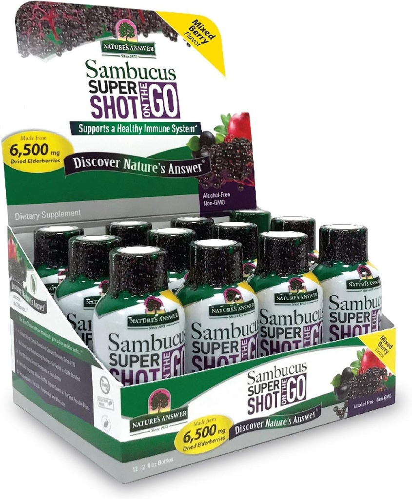 Απάντηση της Φύσης Sambucus Immune Travel Shot (12 Pack) Elderberry on The Go. 2oz. Χωρίς αλκοόλ και μη GMO Sambucus Black Elderberry Airplane/Travel Shot
