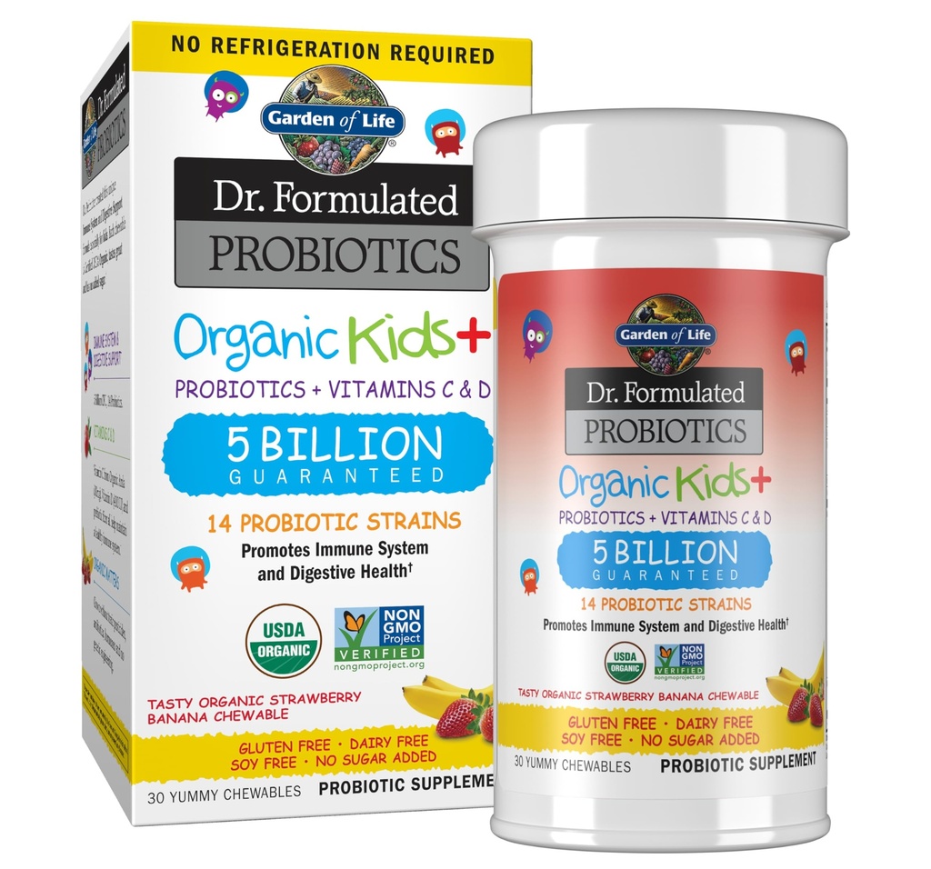Life Kids Probiyotiks, Dr. Formulated Probiyotiks Organic Kids+ Vitamin C & D, Strawberry Banana, Gluten Süt & Soy Free Immune & Digestive Health Supplement, 30 Chewables (Shelf Stable)