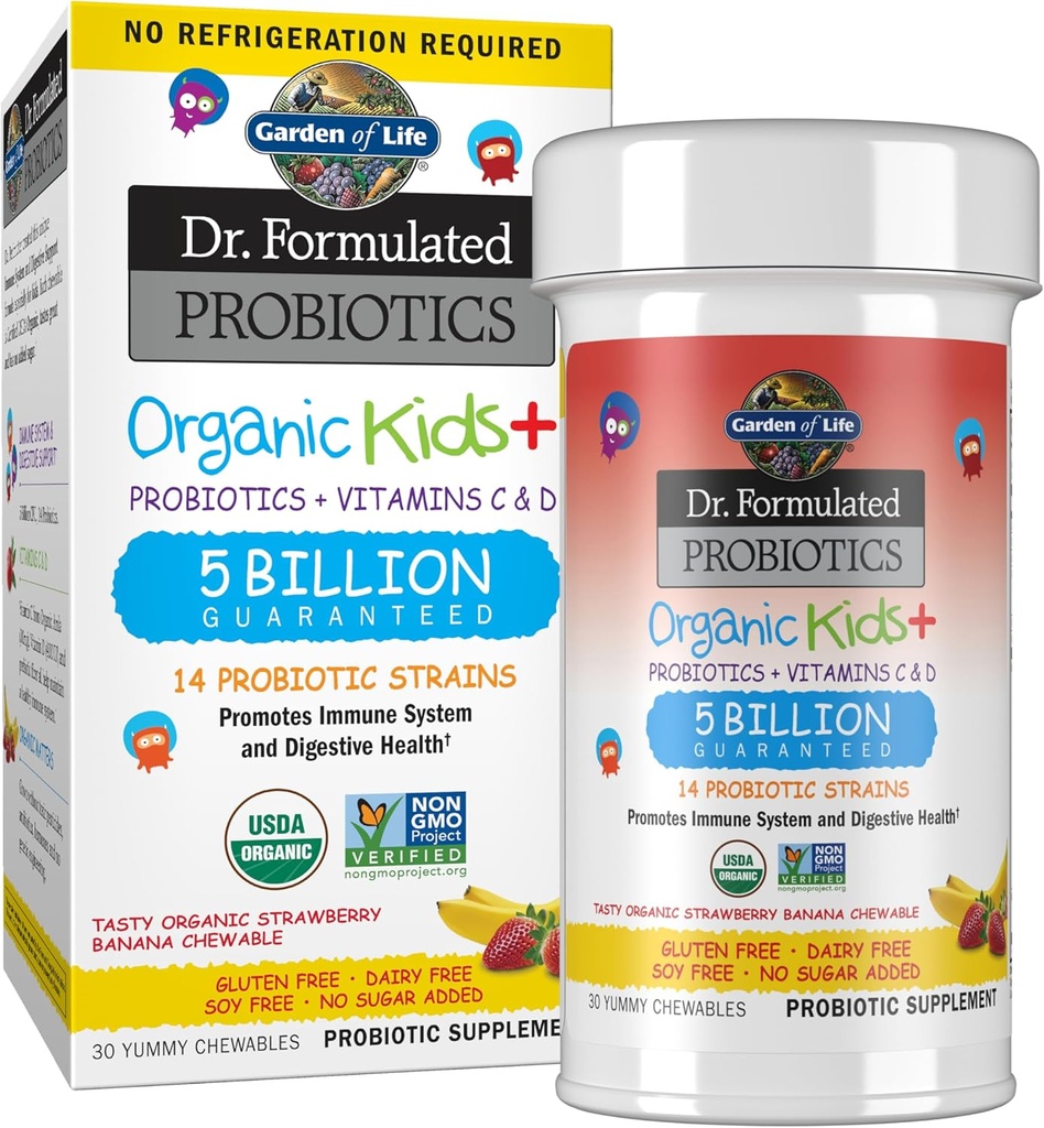 Life Kids Probiyotiks, Dr. Formulated Probiyotiks Organic Kids+ Vitamin C & D, Strawberry Banana, Gluten Süt & Soy Free Immune & Digestive Health Supplement, 30 Chewables (Shelf Stable)