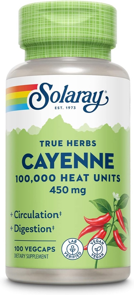 SOLARAY Cayenne Pepper 450 mg | 100.000 Heat Unit | Sağlıklı Digestion, Circulation, Metabolism & Cardiovascular Support | Non-GMO | 100 VegCapstion