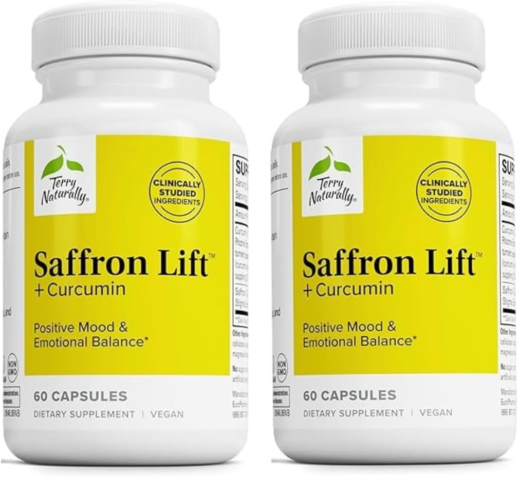 Terry Natural Saffron Lift + Curcumin - Herbal Supplement with Curcumin - Non-GMO Saffron & Brain Curcumin Capsules - Concentration & Relaxation Support Supplement - 60 Capsules (Pack of 2)