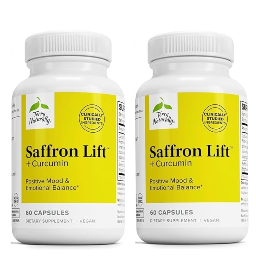 Terry Naturally Saffron Lift + Curcumin - Herbal Supplement with Curcumin - Non-GMO Saffron & Brain Curcumin Capsules - Concentration & Relaxation Support Supplement - 60 Capsules (Pack of 2)