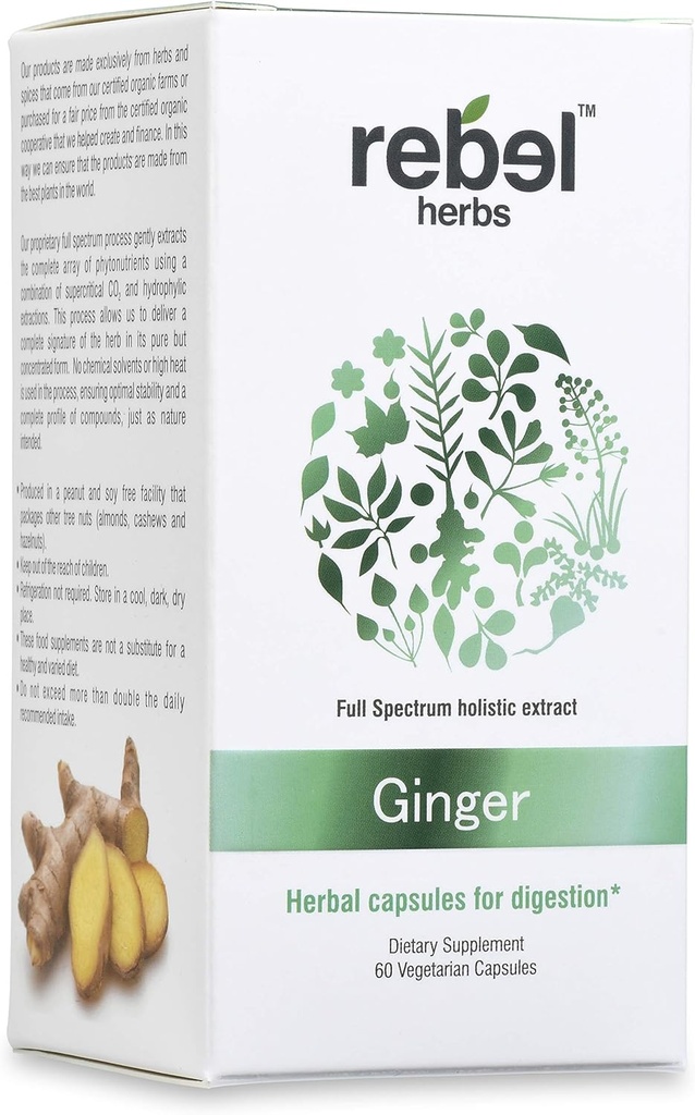 Rebel Βότανα Ginger κάψουλες ισχυρό διπλό εκχύλισμα, μη ΓΤΟ, Χωρίς γλουτένη, Ρίζα Ginger (Rιζώμη) εκχύλισμα