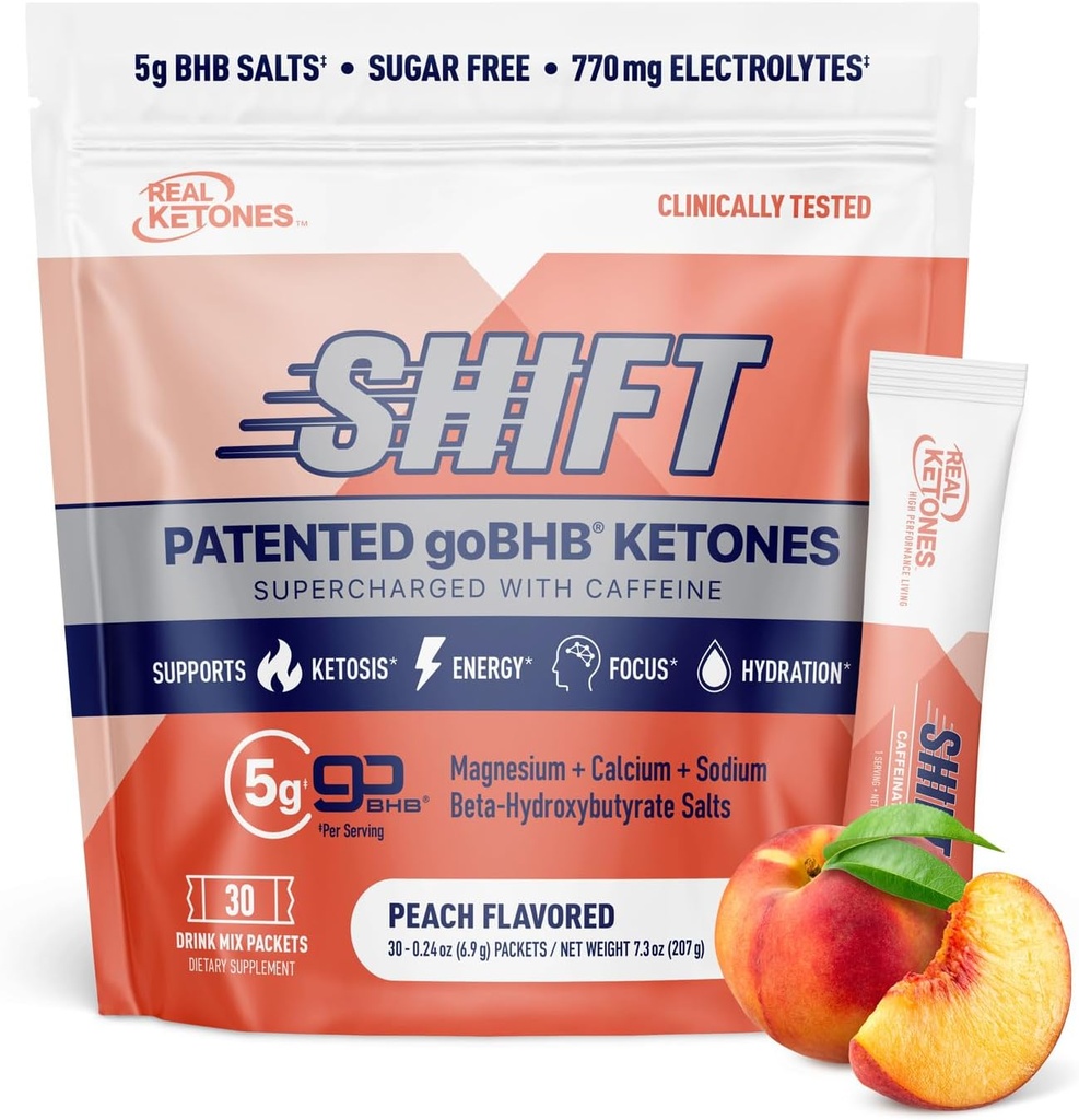 Real Ketones BHB Exojen Ketones Mix Packets Keto Electrolytes Toz Packets No Sugar with 4 Main Fasting Electrolytes Plus Hydrating Patented DWB - 30 Count Peach Caffeine