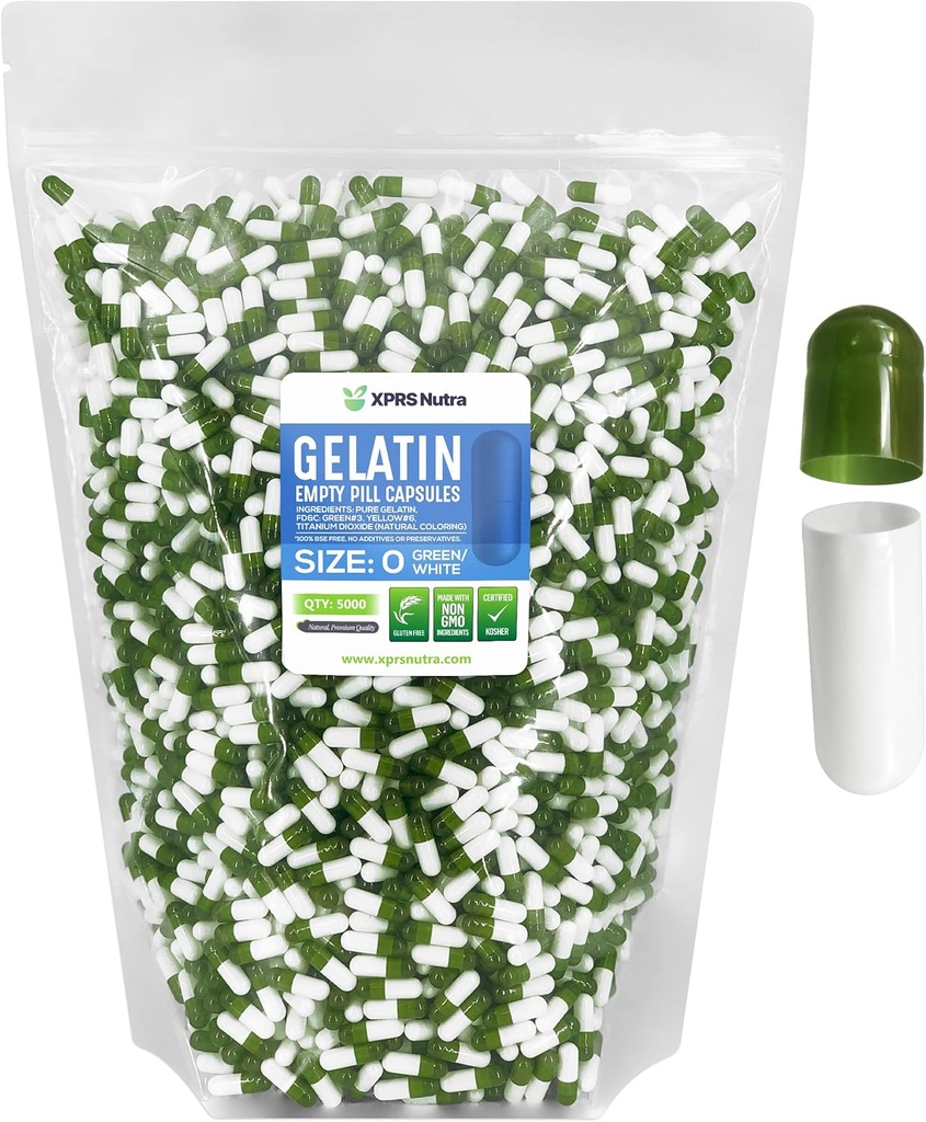 XPRS Nutra Boyutu 0 Boş Kapsüller - 5000 Kont Boş Gelatin Capsules - Pill DIY Capsule - Pure Bovine Pill Gel Caps For Do-It- Yourself Supplements (Green/White)