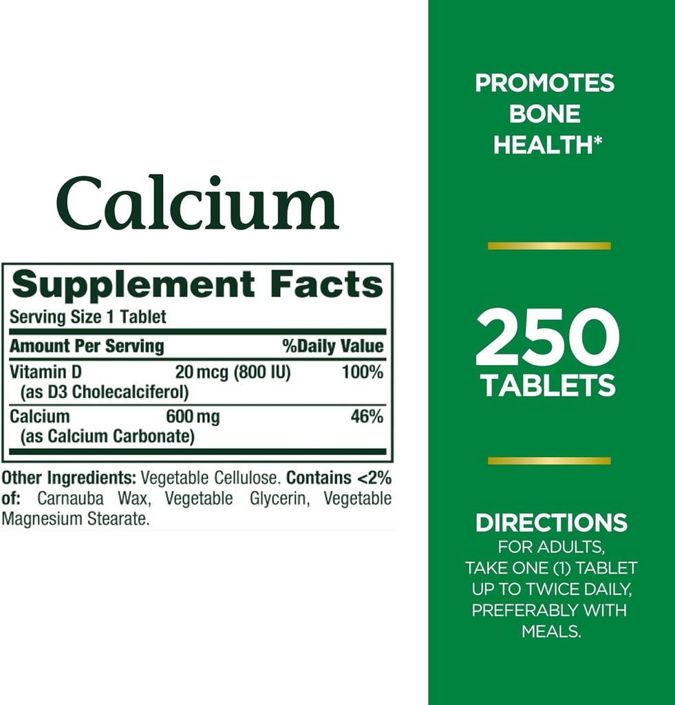 Nature's Bountyuba Carbonate & Vitamin D, Destekler Immune Health & Bone Health, 600 mguba & 800IU Vitamin D3, 250 Tablet (Pazarlama 2)