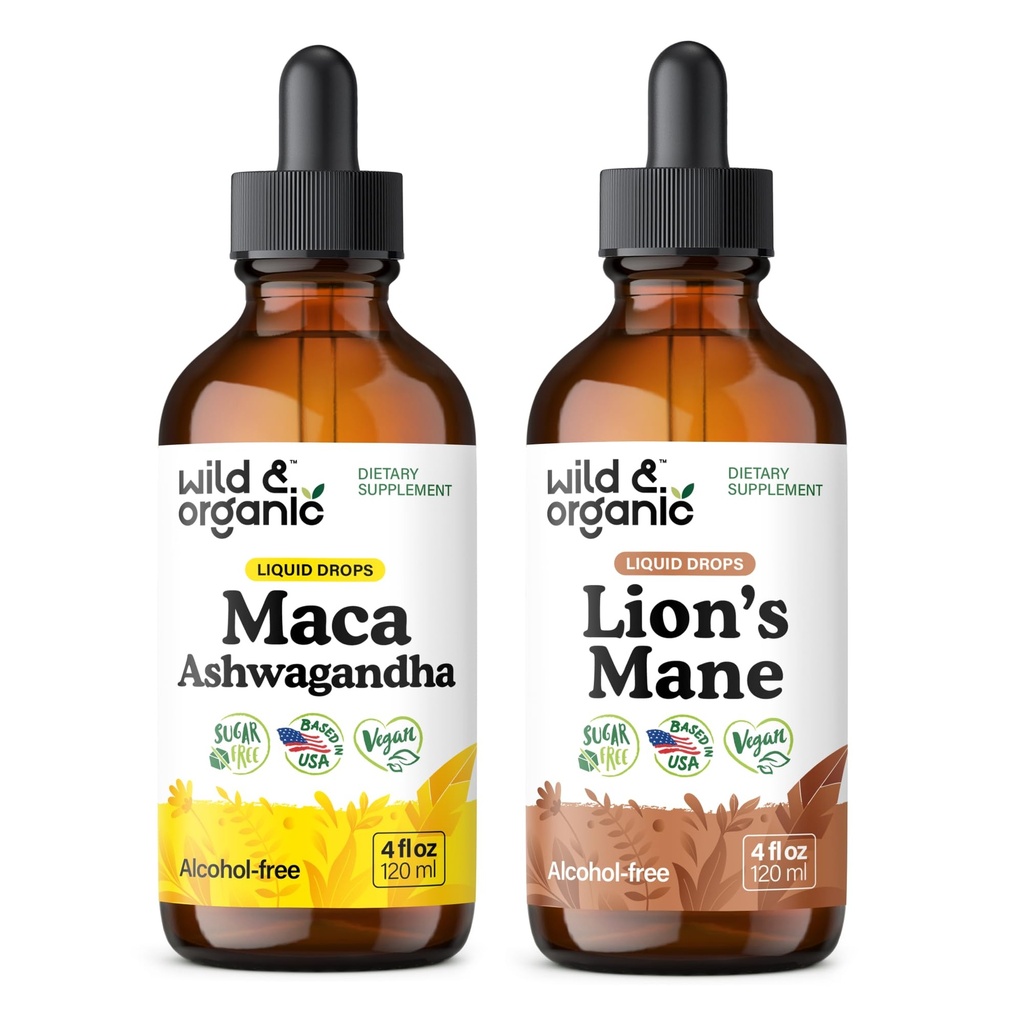 Άγρια & οργανικά Μάκα Ashwagandha Βάμμα 4 fl oz & Μάνε Λάιον Βάμμα 4 fl oz