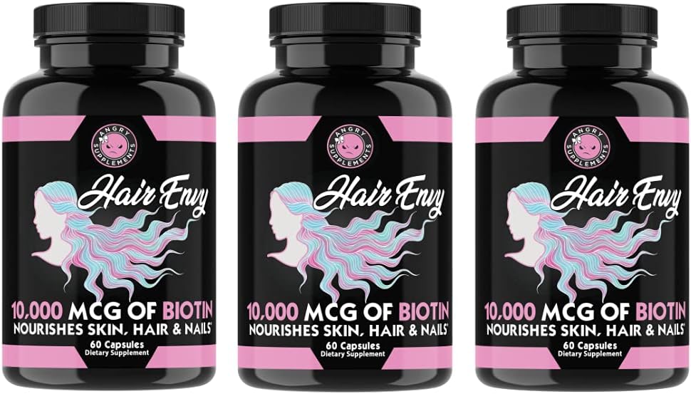 Angry Supplements Saç Envy 10.000 mcg Biotin + Keratin, Grow + Hydrate Saç, Kuvvetli Çiçeği, Clear & Nourish Skin - Hasarlı İnceleme Saçları Yardım, (3-Bottles)