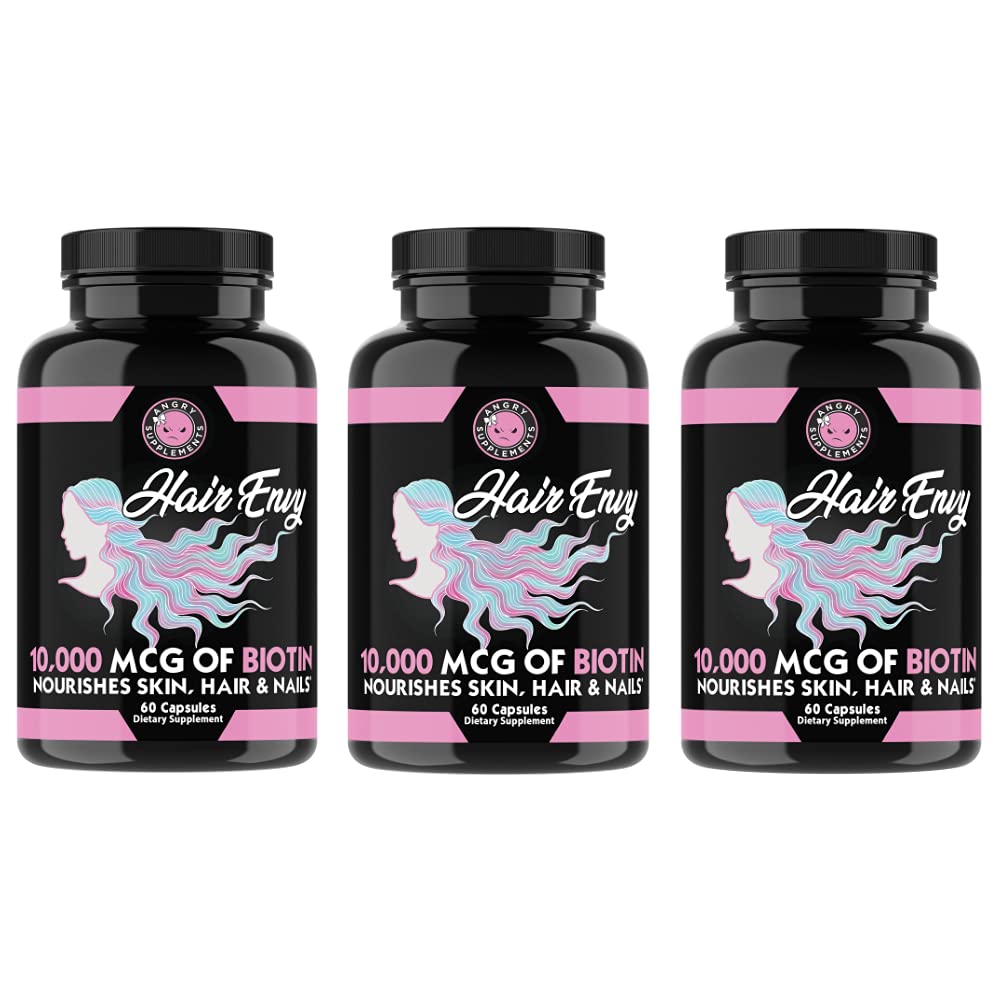 Angry Supplements Saç Envy 10.000 mcg Biotin + Keratin, Grow + Hydrate Saç, Kuvvetli Çiçeği, Clear & Nourish Skin - Hasarlı İnceleme Saçları Yardım, (3-Bottles)