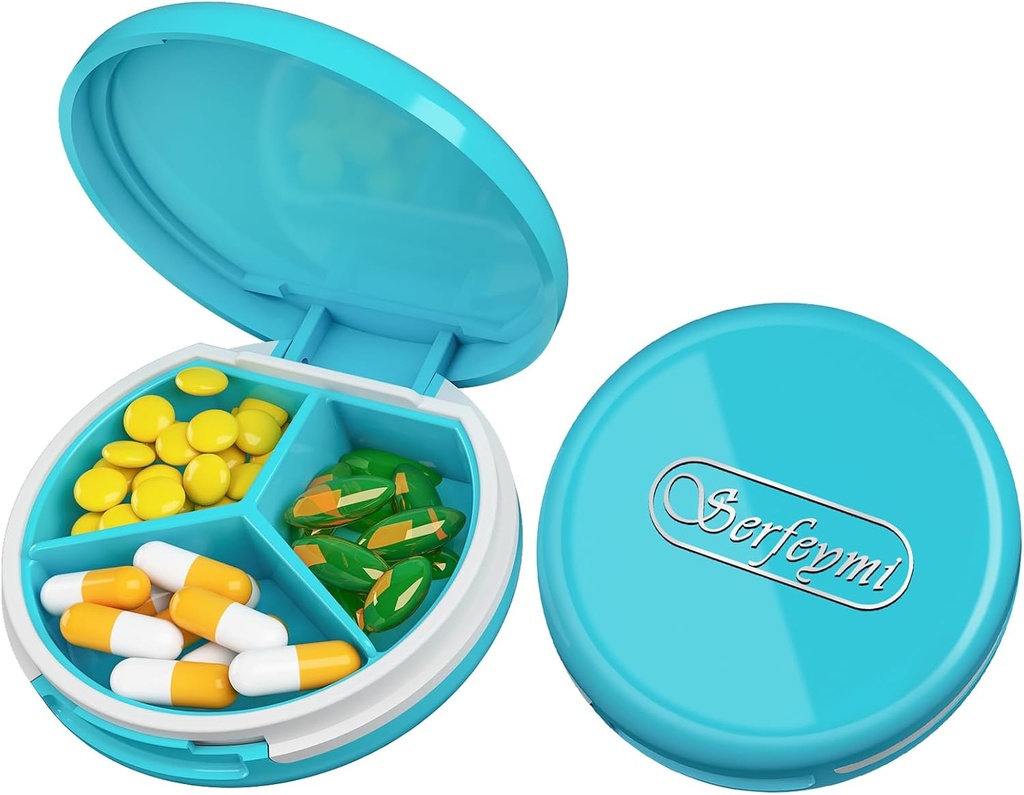 Serfeymi Small Pill Box - Purse Pocket için Portreatif Pill Box - Tıp için Uygun, Vitamin, Fish Oil, Supplements - Light Blue (Logo)