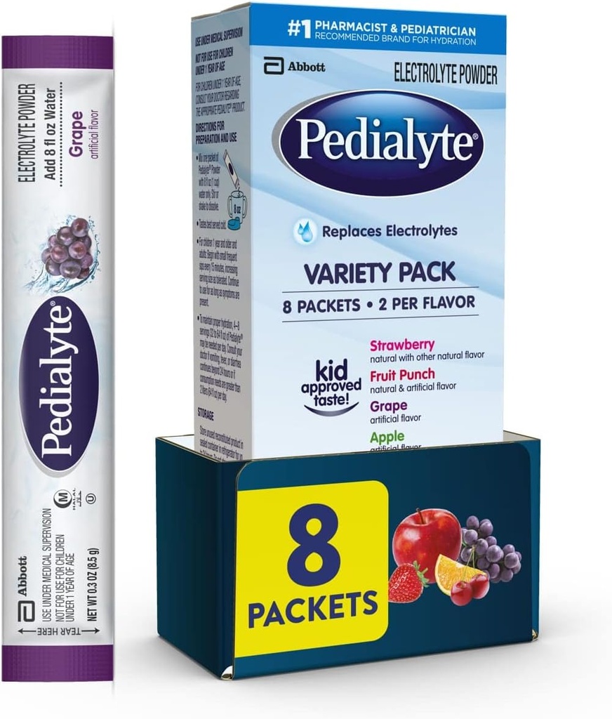 Pedialyte Electrolyte Toz | Çocuklar ve Yetişkinler için Zenginlik | Çeşitli Paket: Grape, Strawberry Lemonade ve Orange, 8 Toz Paketi