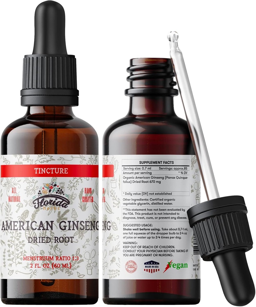 American Ginseng Tincture Extract, Organic American Ginseng (Panax Quinquefolius) Dried Root Supplement, Non-GMO in Cold-Pressed Organic Vegetable Glycerin 700 mg, 2 oz (60 ml)