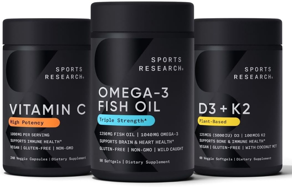 Spor Araştırmaları 1250 mg Omega 3 Burpless Fish Oil - Wild Alaskan Pollock - (90 Count), Yüksek Potency Vegan C 1000 mg (240 Kont) + Vegan 5000iu Vitamin D 100 Ck7 Vitamin K (60 Kont)