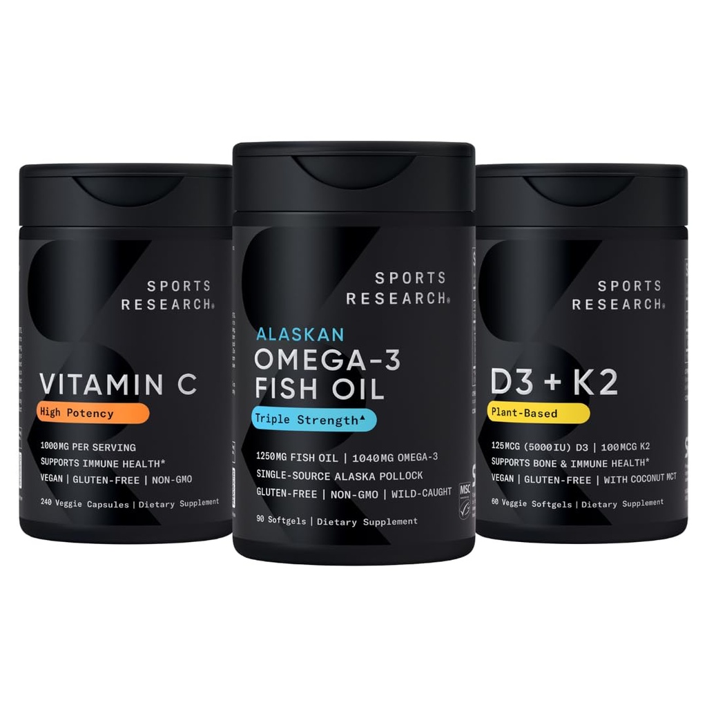 Sports Research 1250 mg Omega 3 Burpless Fish Oil - Wild Alaskan Pollock - (90 Count), High Potency Vegan Vitamin C 1000mg (240 Count) + Vegan 5000iu Vitamin D με 100mcg Mk7 Vitamin K (60 Count)