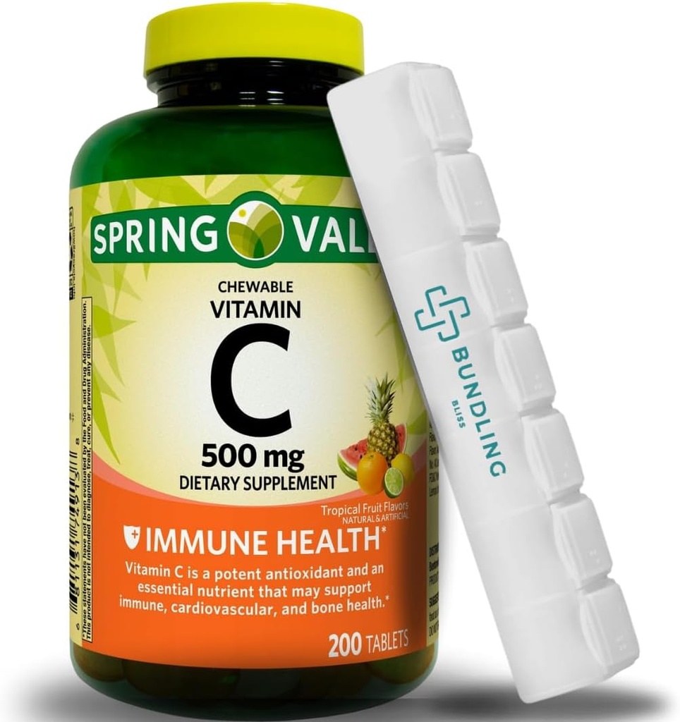 Βιταμίνη C 500mg, Μασώμενα δισκία, Συμπλήρωμα διατροφής, 200 Count (Περιλαμβάνει το Bonus Pill Organizer) - 1 Pack