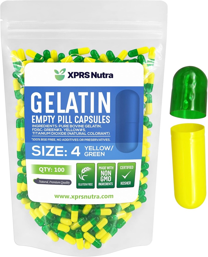XPRS Nutra Boyutu 4 Boş Kapsüller - 100 Kont Küçük Boş Gelatin Capsules - Pill Caps - DIY Capsule Filling - Bovine Pill Gel Caps (Green/Yellow)