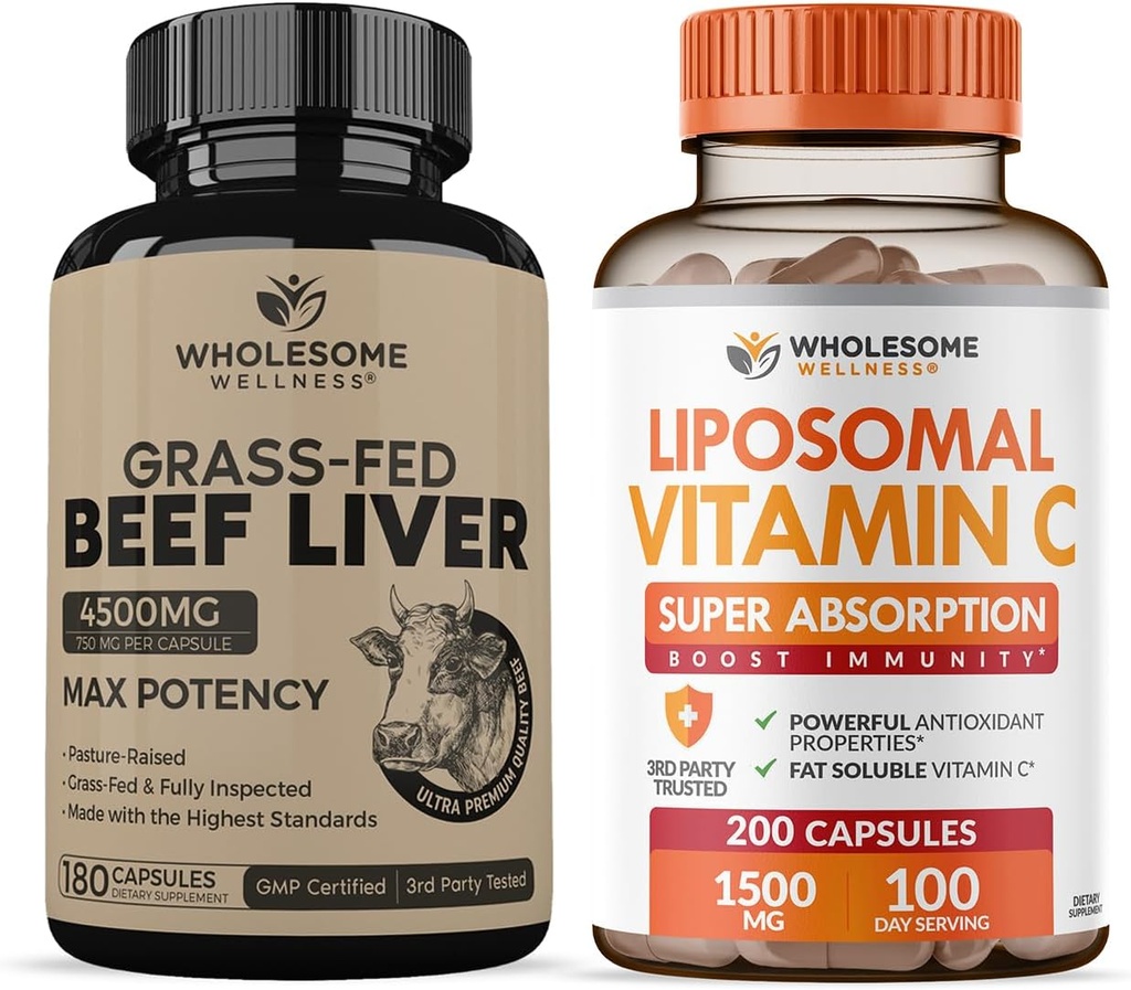 Grass Fed Desiccated Beef Liver Capsules (180 Pills, 750 mg Her) + Liposomal Vitamin C Capsules (200 Pills 1500 mg Buffered) Yüksek Abvitamin VIT C Sche