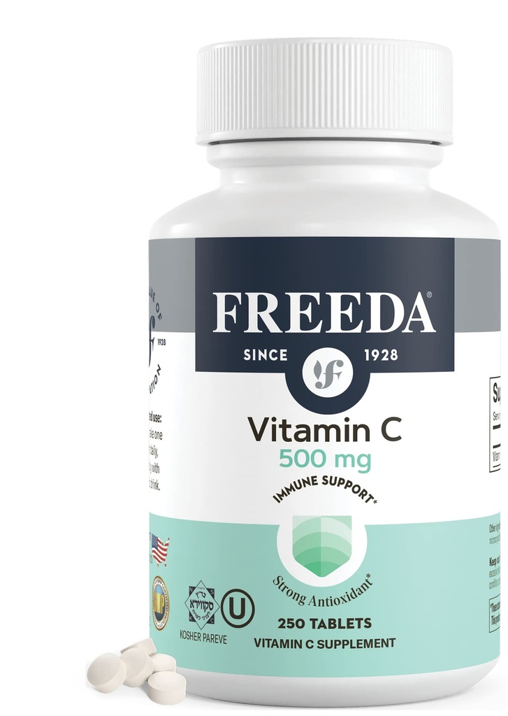 FREEDA Vegan C 500 mg – Kosher Immune Support & Antioksi – Sağlıklı Cilt & Saçları Korumaya Yardımcı olur, Demir Absorpsiyon – No Gluten, No Lactose, No Yapay Flavor veya Color – 250 Tablet