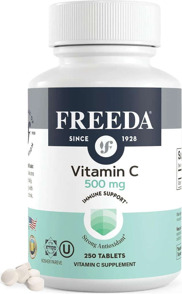 FREEDA Vegan C 500 mg – Kosher Immune Support & Antioksi – Sağlıklı Cilt & Saçları Korumaya Yardımcı olur, Demir Absorpsiyon – No Gluten, No Lactose, No Yapay Flavor veya Color – 250 Tablet