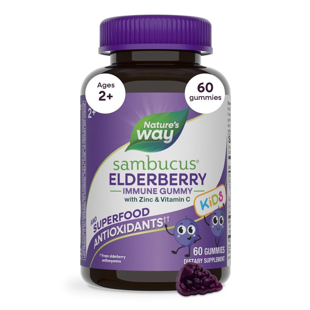 Nature's Way Sambucus Elderberry Immune Gummies for Kids, Immune Support Gummies*, Black Elderberry Extract, Vitamin C ve çinko, 60 Gummies (Pazarlama Mayıs Vary)
