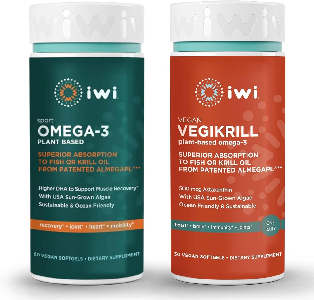 iwi Omega-3 Sport & Vegikrill Omega-3 Bundle, 30 εξυπηρετήσεις, Vegan Plant-based Algae Omega 3 με EPA + DHA, Krill & Fish Oil Εναλλακτική, Χωρίς Αλιευτική Επίγευση