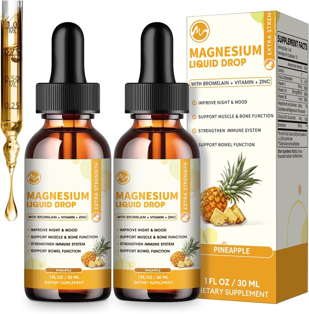 (2 Pack) M inç Magnezyum Glycinate Liquid Drop, Yüksek Abhidrasyon Sıvı Kompleksi Bromelain, VitaminC,D3,B6 & çinko, Threonate Supplement for Night, Mood, Muscle & Bone Support