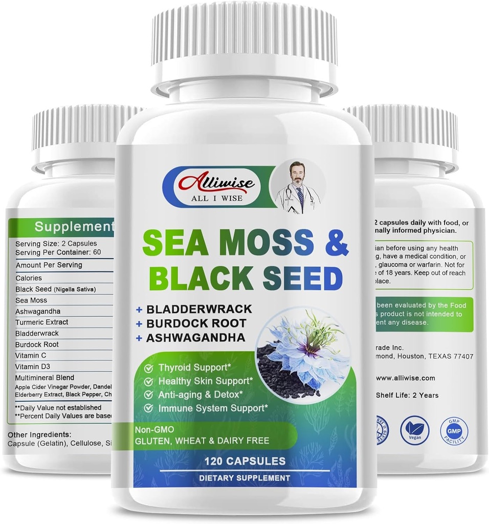 Sea Moss & Black Seed Oil Capsules, Irish Sea Moss Supplement with Burdock Root & Bladderwrack for Yourroid Support, Immune System Support, Skin Health