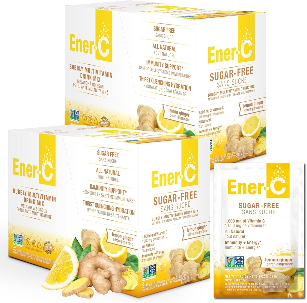 Ener-C Ζάχαρη Δωρεάν ενέργεια Λέμον Ginger Πολυβιταμινικό ποτό Μίγμα Βιταμίνη C 1000mg & Ηλεκτρολύτες - Φυσική Ανοσία Υποστήριξη με Real Fruit Juice Powders - Μη-GMO Vegan & Gluten Free - 60 Count