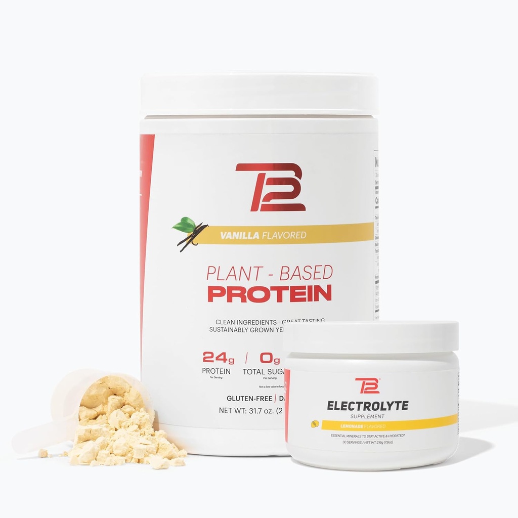 TB12 Φυτική Δέσμη Δύναμης & Ενυδάτωσης (Vanilla Protein Powder & Lemonade Electrolytes), Υποστηρίξτε την ανάνηψη των μυών και την ενυδάτωση, Γαλακτοκομικά, Μη ΓΤΟ, Χωρίς Σόγια