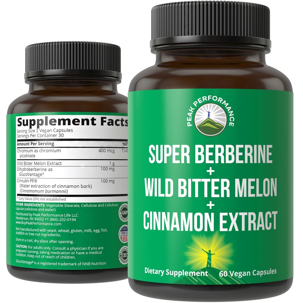 Υπερυψηλής αντοχής 4-In-1 Super Berberine Πατενταρισμένο GlucoVantage + Wild Bitter Melon + Cinnamon Extract + Chromium Picolinate Vegan Κάψουλες. Μεγάλη συμπλήρωμα για την υποστήριξη μετά το γεύμα Σπάικς και την ενέργεια