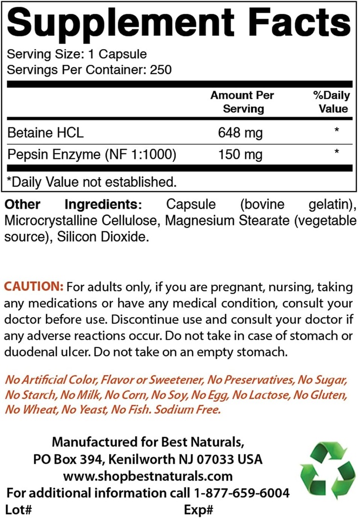 Best Naturals Betaine HCL 648 mg & Χλωριούχο μαγνήσιο 520 mg