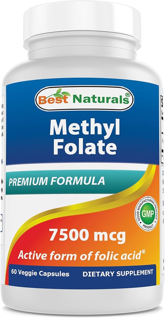 En İyi Doğals Metil Folate 7500 mcg (7.5 mg) (En Bio-Available) Veggie Capsule - Destek Hücre Formasyon Büyüme Fonksiyonu, Beyin, Hafıza, Cardiovascular Sağlık, 60 Kont