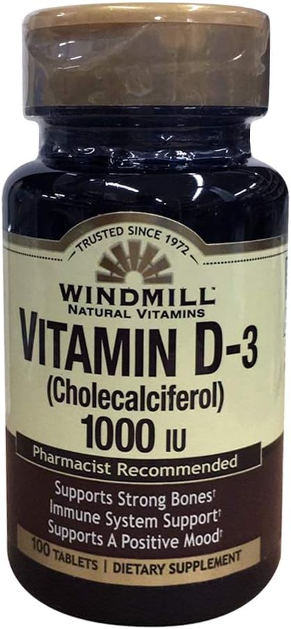 Rüzgar değirmeni Doğal Vitaminler D-3 Cholecalciferol 1000IU Diyetsel Supplements 100 Tablet (Pack of 2)