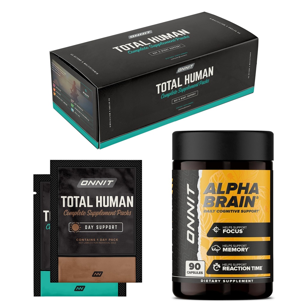 ONNIT Premium Alpha Brain Bundle - Nootropic Brain Supplement (90 Count) for Focus, Recentation & Memory + Total Human Day and Night Vitamin Packs for Men and Women (30-Day Supply)
