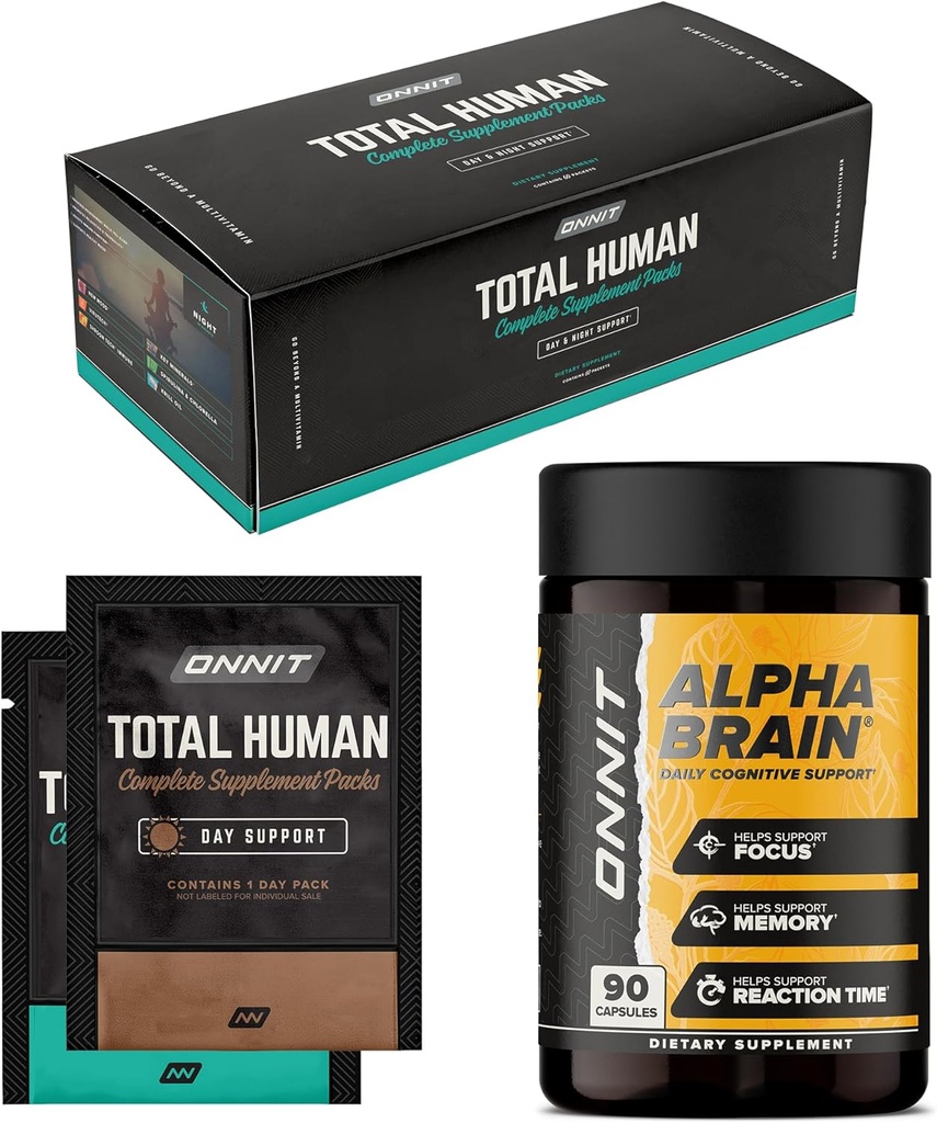 ONNIT Premium Alpha Brain Sche - Nootropic Brain Supplement (90 Kont) Focus, Concentration & Memory + Total Human Day and Night Vitamin Packs for Men and Women (30-Day Supply)