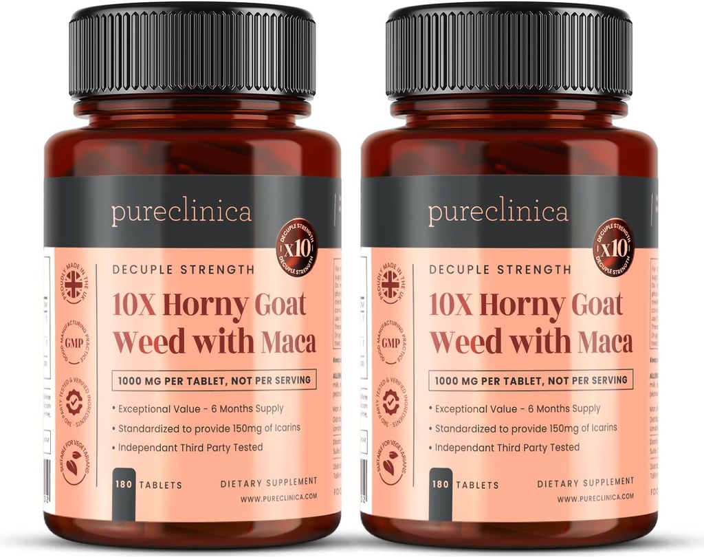 10X Horny Goat Weed Extract (3750 mg) Maca Extract (2500 mg) x 360 Tabletler (2 180 Şişeler) - 1 Yıl Supplys of 180)