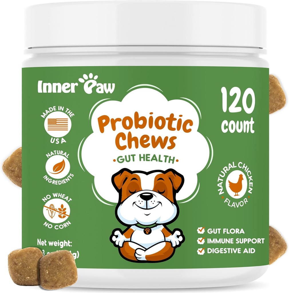 Köpekler için İç Paw Probiyotikler, Gut Health için Digestive Enzymes & Prebiyotik Formula, Dog Probiyotiks for Diarrhea, Bowel & Immune Support, Chicken Flavor, 120 Soft Chews