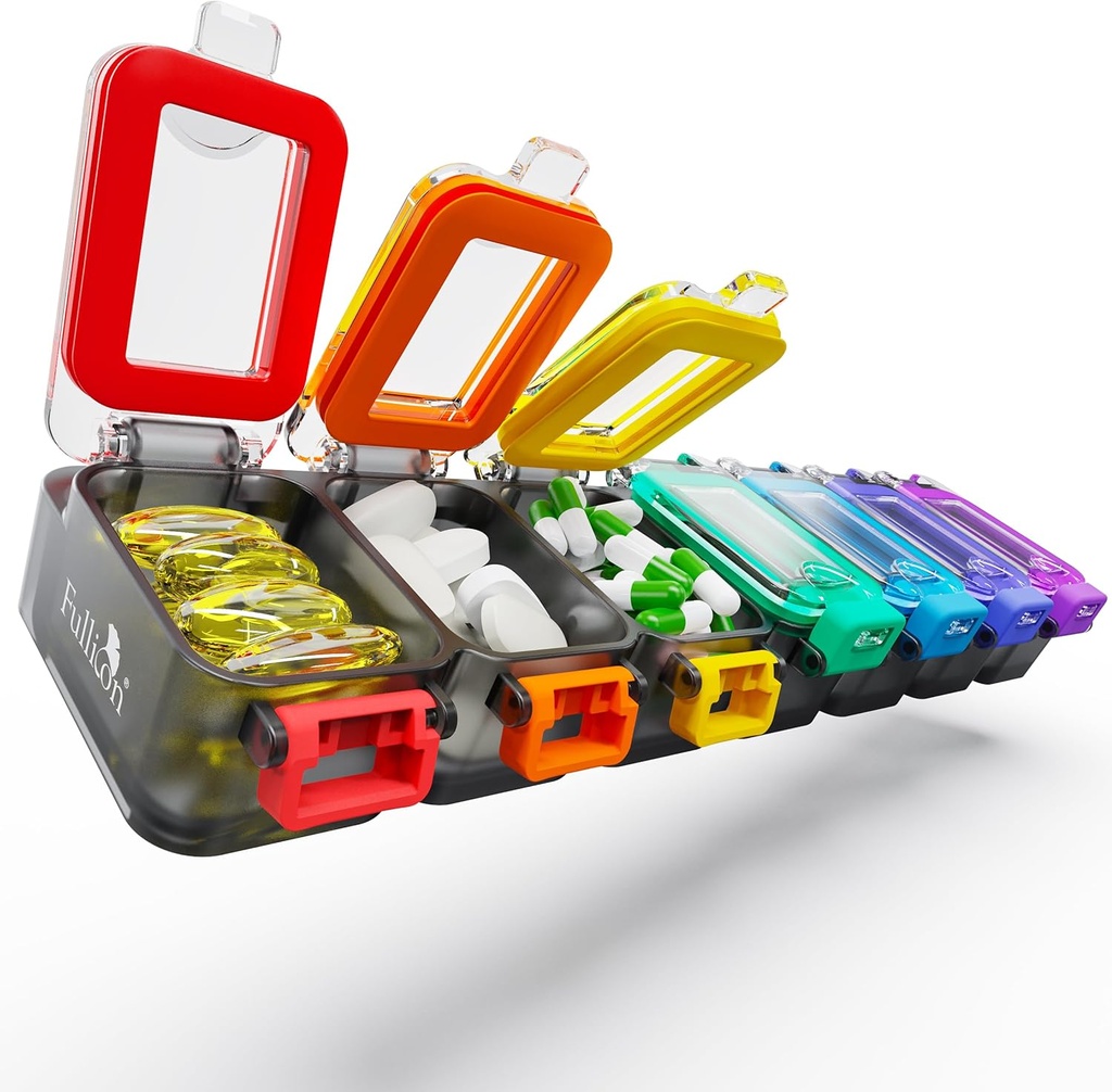 Fullicon Weekly Pill Organizer 7 Day Ultra Moisture and Spill Proof Daily Pill Box, Μεγάλη Ιατρική Υπόθεση με Ασφαλή Πόρπη, Compact Travel Pill Container για Χάπια, Βιταμίνη, & Λάδι Ψαριού (Ουράνιο Τόξο Μαύρο)