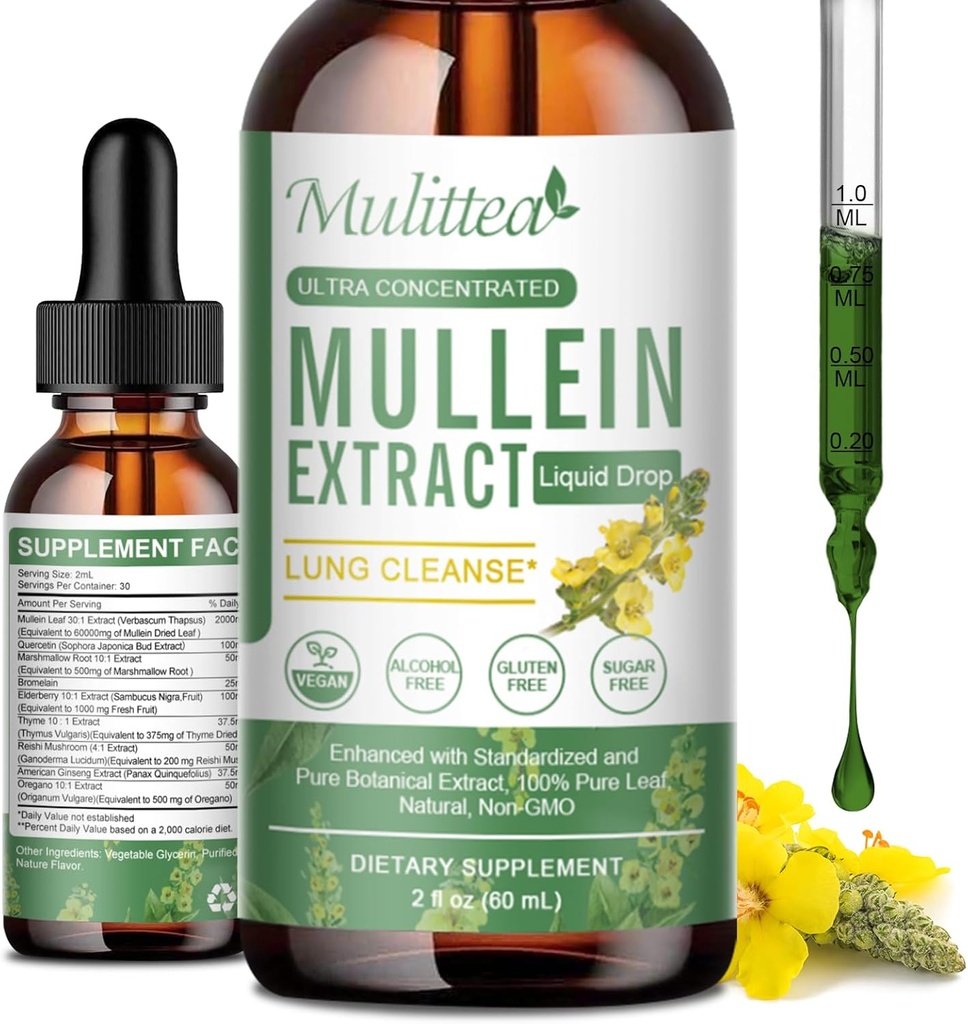 Mullein Drops for Lungs & Lymphatic Drainage - Lung Cleanse & Detox- Vegan Mullein Leaf Extract Υποστήριξη ανοσοποιητικού, αναπνευστικού Digestive -9 ισχυρό συμπλήρωμα βοτάνων για την ανανέωση - Ως υγρό