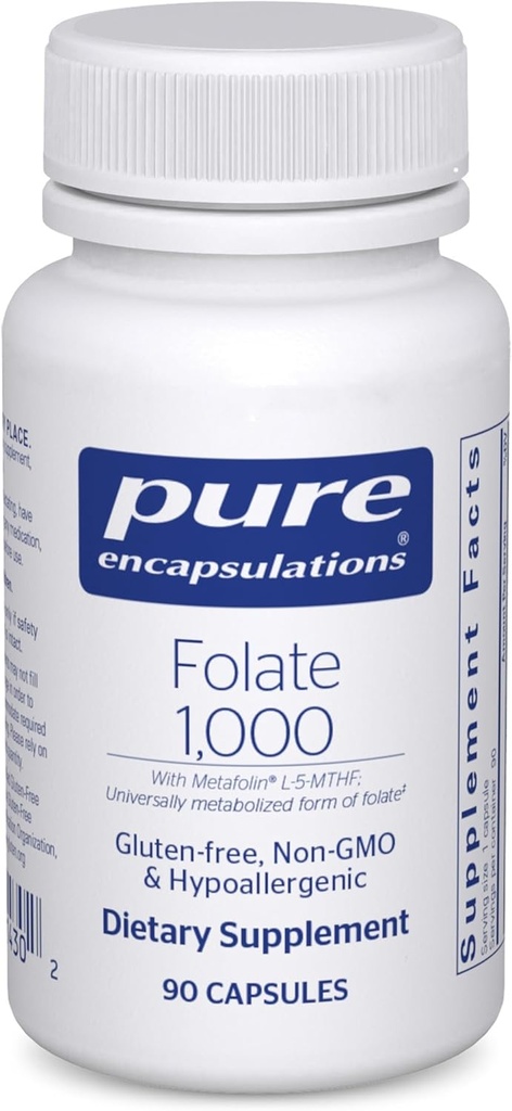 Folate 1000 - Metafolin L-5- MTHF - Συμπλήρωμα για την υγεία της καρδιάς* - Συμπλήρωμα Folate - Μη ΓΤΟ & Χωρίς γλουτένη - 90 κάψουλες
