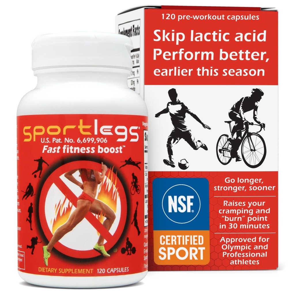 SPORTLEGS Fast Fitness Boost Pre Workout for Men and Women, Lactic Acid Supplement, Sports Endurance Yakıt, Endurance Supplements for Runners - NSF Sport,120-Capsule Şişe, 1 Paket