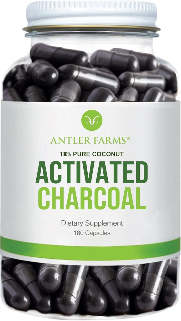 Antler Farms -% 100 Pure Coconut Aktif Charcoal, 180 Capsules 260 mg - Wild Harvested, Virgin Coconut Shell, USP Food Grade, Steam Aktif, Ultra Fine Fine