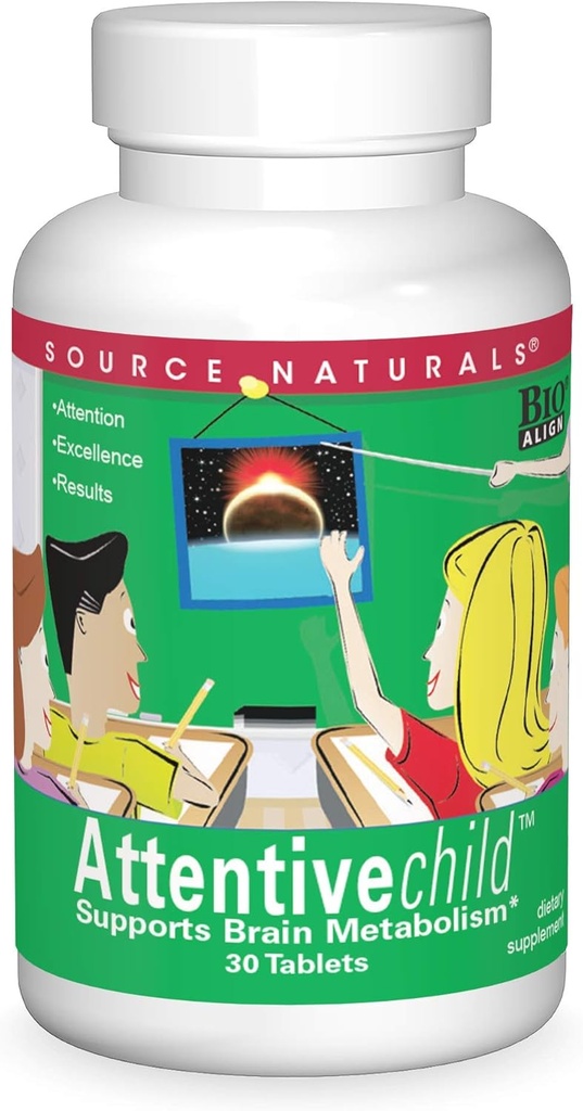 Source Naturals Attentive Child - Aktif Çocuklar için Sağlıklı Bilişsel Beslenmeler - DMAE, Magnezyum, çinko & Grape Tohum Takması - 30 Tabletler