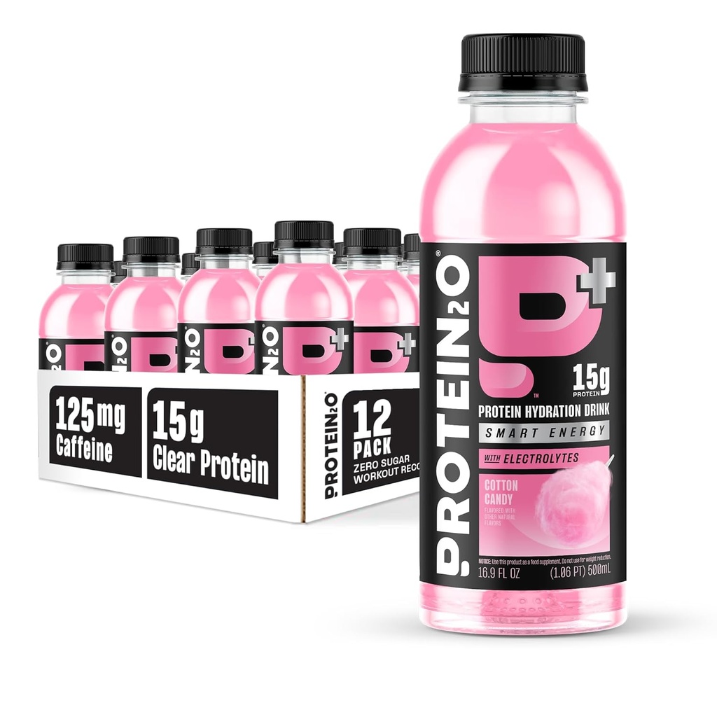 Protein2o 15g Whey Protein Isolate Hydration Drink Plus Energy & Focus, 350 mg of Electrolytes, Vitamins B5 & B6, Sugar Free, Cotton Candy, 16.9 oz Şişe (12 paketi)