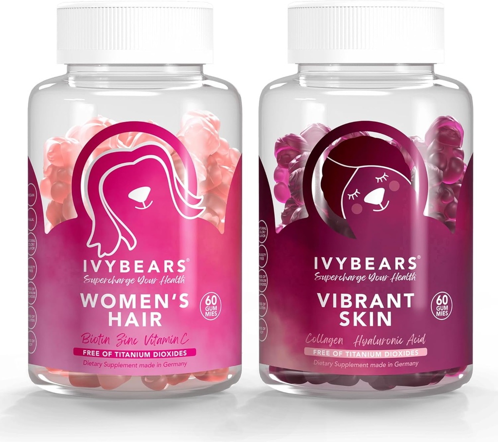IvyBears® Women's Hair & Skin Sche – Saç Büyüme Biyotin & Collagen + Vibrant Skin Gummies with Hyaluronic Acid & VERISOL – Vegan Beauty Support – 2Pack