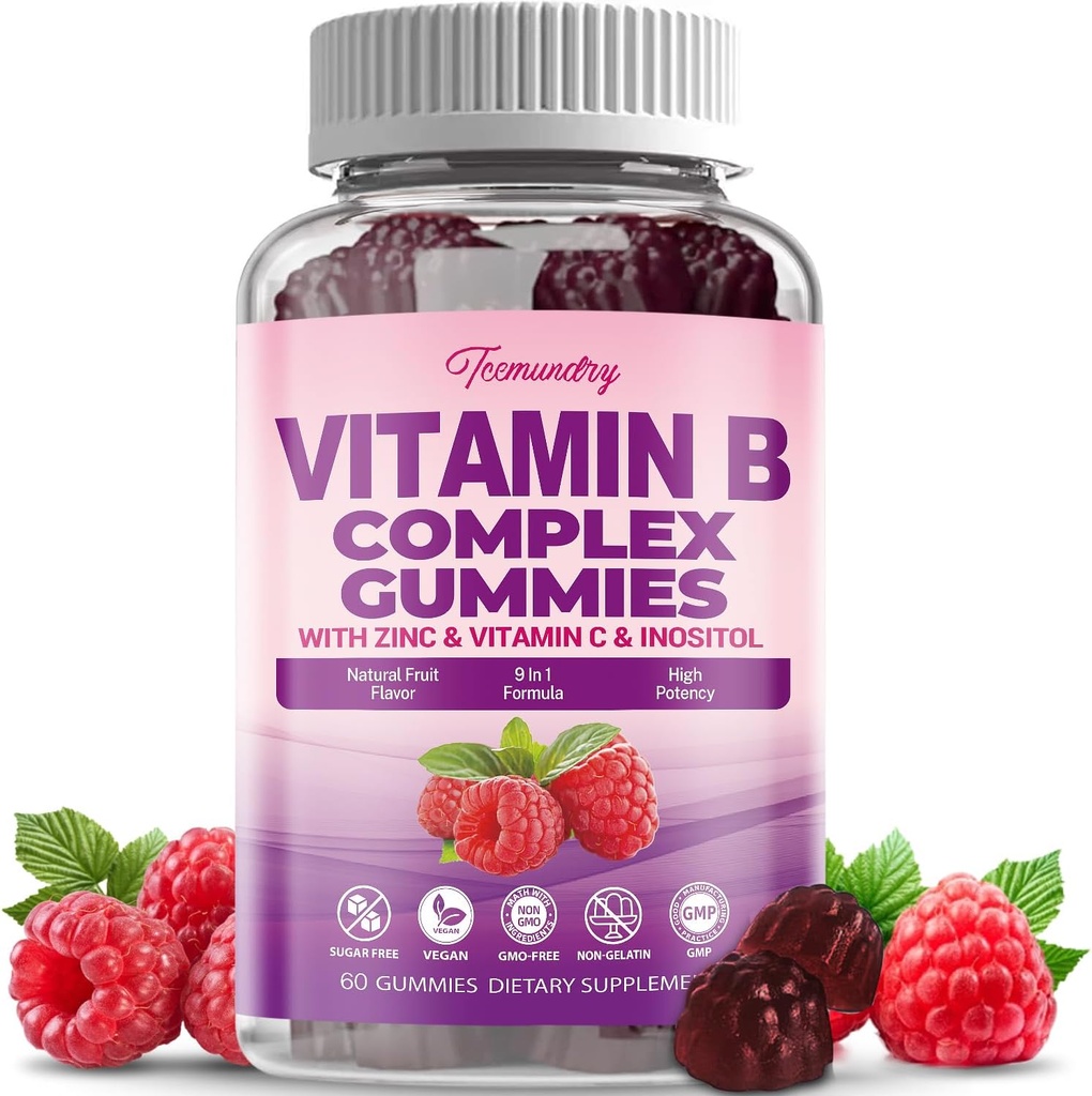 Sugar-Free Vitamin B Complex Gummies for Women - Vegan b Vitamins Kompleks with Me12, Metil Folate - Plus C, çinko, Inositol - Destekler Enerji, Immune, Sağlıklı Saç, Cilt (60 Kont)